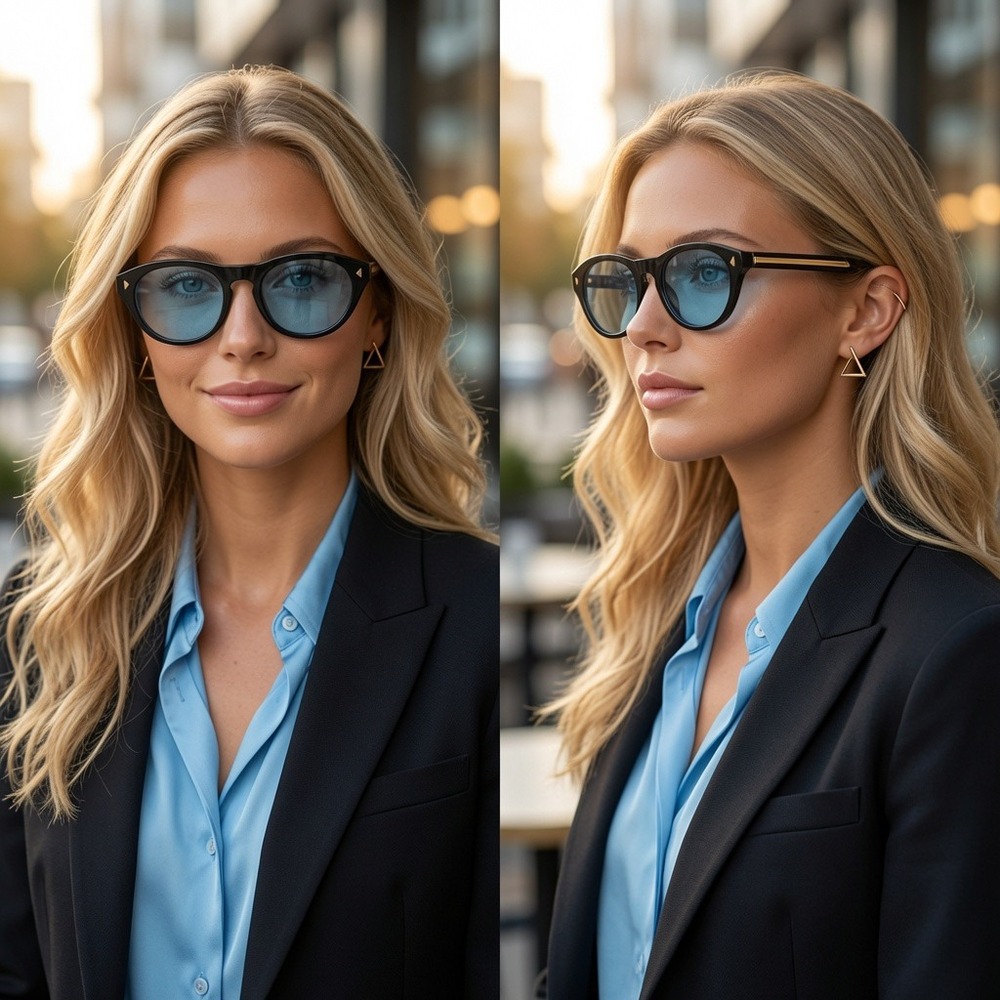 Black Cat Eye Sunglasses Blue Lens Flat Top Retro Women Shades Fashion Outfit
